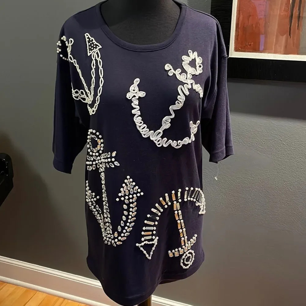 Victoria Harbor vintage navy beaded/ribbon/crystal/mirror anchor motif top. Sm